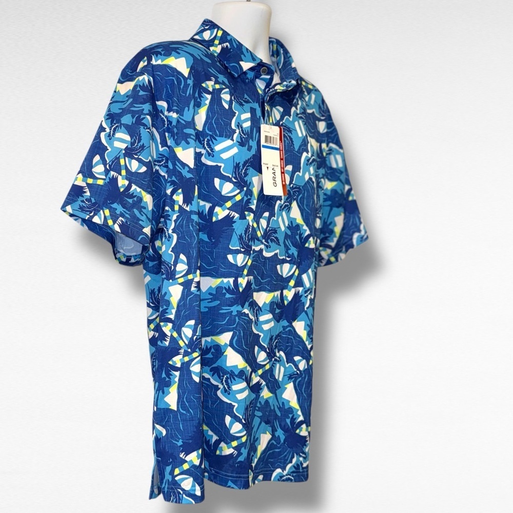 Grand Slam Performance Polo Shirt XL Blue Tropical Print Stretch Golf NWT - Picture 6 of 10